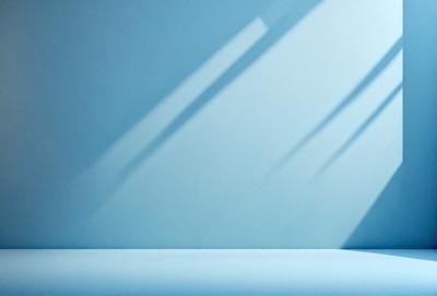 The primary subject of the image is a shadow of a person on a blue wall. The setting is a room with a blue wall, and the visual style appears to be a photo. The dominant colors in the image are blue and white, creating a calm and serene atmosphere.