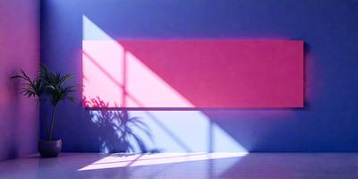 The primary subject of the image is a large potted plant, which is placed in front of a wall. The setting is a room with a window, and the visual style appears to be a photo. The colors in the image are predominantly pink and blue, creating a warm and inviting atmosphere.