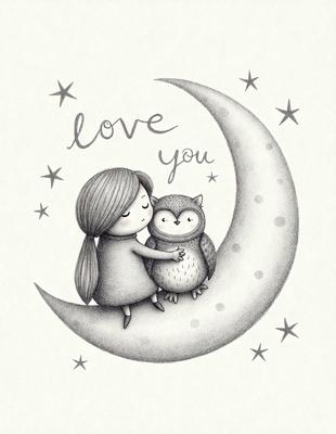 The primary subject of the image is a woman and an owl. The woman is holding the owl, and they are both sitting on a moon. The setting is a nighttime scene, with the moon as the main backdrop. The visual style is a combination of digital art and illustration, creating a whimsical and charming atmosphere. The colors are predominantly black and white, with the moon adding a touch of softness to the scene.