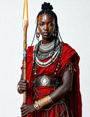 The primary subject of the image is a woman dressed in a red and gold outfit, holding a staff with a torch on top. She is standing in front of a white background, which creates a contrast with her vibrant attire. The visual style of the image is a combination of photo and digital art, giving it a unique and eye-catching appearance. The colors and mood of the image are warm and lively, with the red and gold clothing adding a sense of energy and vitality to the scene.