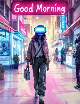 The primary subject of the image is a woman wearing a jacket and a headset, walking down a street. She is carrying a handbag and appears to be engaged in a virtual world. The setting is a city street with various shops and people around her. The visual style is a digital art, and the colors and mood are vibrant and lively.