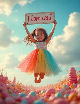 The primary subject of the image is a young girl wearing a colorful dress, holding a sign that reads "I love you." She is flying through the air, possibly jumping or being lifted by a breeze. The setting is a field with a cloudy sky in the background. The visual style appears to be a combination of photo and digital art, creating a whimsical and playful atmosphere. The colors and mood of the image are predominantly pink and cheerful, reflecting the girl's joyful