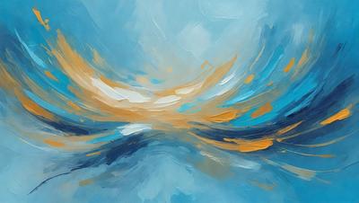 The primary subject of the image is a painting of a sunset. The setting is a blue sky, and the visual style is a digital art or illustration. The dominant colors are blue and orange, creating a warm and serene atmosphere.