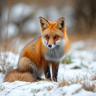 The primary subject of the image is a fox, which is standing in a snowy field. The setting is a winter landscape with snow covering the ground. The visual style of the image is a photo, capturing the fox in its natural habitat. The colors and mood of the image are predominantly white and cold, reflecting the winter season.