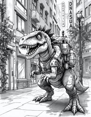 The primary subject of the image is a cartoon dinosaur, specifically a T-Rex, walking down a city street. The setting is an urban environment with buildings and a street lamp visible in the background. The visual style is a hand-drawn illustration, giving the image a unique and artistic appearance. The colors and mood of the image are predominantly dark, with the T-Rex being the main focus and the cityscape serving as a contrasting backdrop.