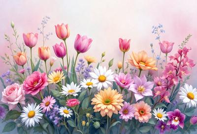 The primary subject of the image is a beautiful bouquet of flowers, featuring a variety of colors and types. The flowers are arranged in a vibrant and colorful manner, creating a lively and cheerful atmosphere. The setting is a garden, with a grassy background and a sky visible in the distance. The visual style of the image is a painting, showcasing the artist's skill in capturing the beauty of the flowers and their surroundings. The colors and mood of the painting are bright, warm, and