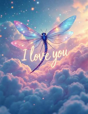 The primary subject of the image is a dragonfly, which is flying in a cloudy sky. The setting is a beautiful, colorful, and cloudy background, creating a serene and dreamy atmosphere. The visual style is a combination of digital art and illustration, giving the image a unique and artistic appearance. The dominant colors are shades of blue, purple, and pink, which contribute to the overall mood of the image.