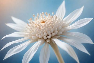 The primary subject of the image is a white flower with a large, round center. The flower is set against a blue background, which adds a sense of depth and contrast to the scene. The visual style of the image is a close-up, which highlights the intricate details of the flower. The colors and mood of the image are predominantly white and blue, creating a serene and calming atmosphere.