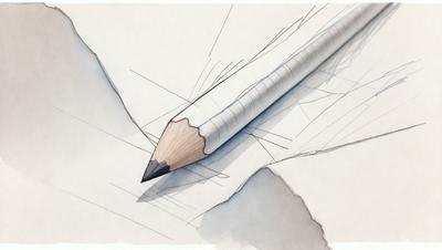 The primary subject of the image is a pencil, which is prominently displayed in the foreground. The setting is a white surface, possibly a piece of paper or a drawing board. The visual style appears to be a combination of drawing and digital art, as the pencil is depicted in a detailed manner. The colors and mood of the image are predominantly neutral, with the white surface providing a clean and uncluttered backdrop for the pencil.