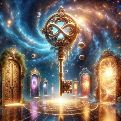 The primary subject of the image is a large, ornate key with a golden appearance. The key is prominently displayed in the foreground, surrounded by a variety of colorful and intricate doors. The setting appears to be a futuristic, celestial environment, with a blue sky and stars visible in the background. The visual style of the image is a combination of digital art and illustration, creating a vibrant and captivating scene. The dominant colors in the image are gold, blue, and various shades