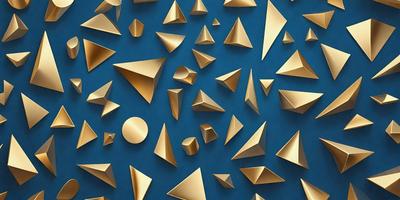 The primary subject of the image is a collection of gold triangles, which are arranged in various shapes and sizes. The setting is a blue background, which provides a contrasting color to the gold triangles. The visual style of the image is a combination of digital art and illustration, creating a unique and eye-catching pattern. The dominant colors in the image are gold and blue, giving the scene a warm and cool atmosphere, respectively.