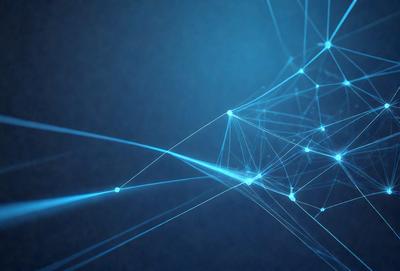 The primary subject of the image is a blue, interconnected web of lines. The setting is a dark blue background, which creates a contrasting and visually striking scene. The visual style is a combination of digital art and illustration, as the lines are intricately connected and create a complex pattern. The colors and mood of the image are predominantly dark and moody, with the blue lines providing a sense of depth and intricacy.