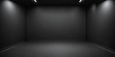 The primary subject of the image is a large, empty room with a black wall. The setting is a dark room with a single light source, creating a moody atmosphere. The visual style is a black and white photo, which adds to the dramatic and mysterious feel of the scene. The colors and mood are predominantly dark and somber, with the black wall and the single light source contributing to the overall ambiance.