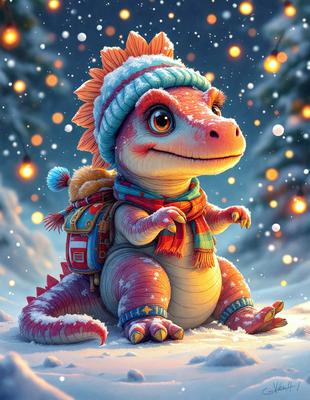 The primary subject of the image is a cartoon dinosaur, specifically a baby T-Rex, sitting in the snow. The setting is a snowy environment, with the dinosaur surrounded by a white snowy landscape. The visual style is digital art, as the image is a cartoon-like illustration of the baby T-Rex. The colors and mood of the image are predominantly white and cold, with the baby T-Rex wearing a hat and scarf to keep warm in the snow