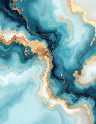 The primary subject of the image is a blue and gold painting featuring a swirling design. The setting is a blue and white background, which complements the painting. The visual style is a mix of digital art and illustration, creating a unique and eye-catching piece. The dominant colors are blue and gold, giving the painting a vibrant and lively atmosphere.