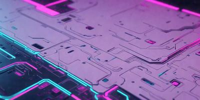 The primary subject of the image is a futuristic, computer-generated drawing of a space station. The setting is a purple background, which adds a unique and vibrant touch to the scene. The visual style is a combination of digital art and illustration, creating a detailed and intricate design. The colors and mood of the image are predominantly purple and neon, giving it a futuristic and otherworldly atmosphere.