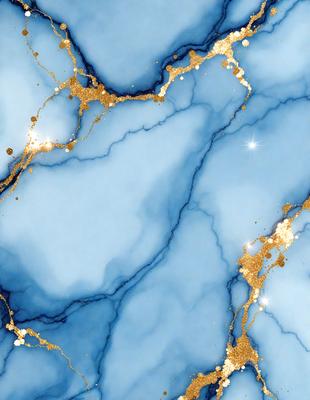 The primary subject of the image is a blue marble surface with gold accents. The setting is a blue and gold marble wall, which serves as the background. The visual style is a combination of digital art and illustration, creating a unique and eye-catching design. The dominant colors are blue and gold, giving the scene a luxurious and elegant atmosphere.