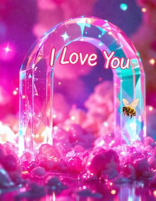 The primary subject of the image is a heart-shaped doorway with a pink background. The setting is a pink and purple environment, which creates a warm and inviting atmosphere. The visual style is a combination of digital art and illustration, giving the image a unique and creative appearance. The colors and mood of the image are predominantly pink and purple, evoking feelings of love and affection.