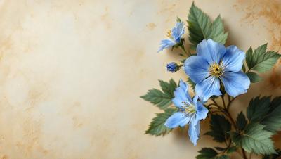 The primary subject of the image is a bouquet of blue flowers, which are the main focus of the scene. The flowers are arranged in a vase, and they are placed on a table. The setting appears to be a room with a wall, and the visual style is a close-up of the flowers. The dominant colors in the image are blue and white, creating a calm and serene atmosphere.
