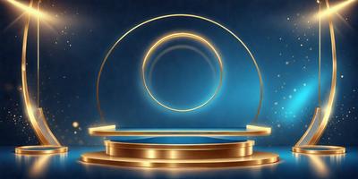The primary subject of the image is a large, golden circle with a blue background. The circle appears to be a part of a stage or a decorative piece. The setting is a dark blue background, which contrasts with the golden circle. The visual style is a combination of digital art and illustration, creating a unique and eye-catching design. The colors and mood of the image are predominantly blue and gold, giving it a sense of elegance and sophistication.