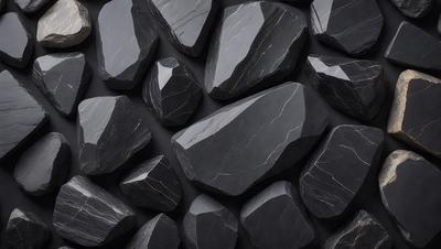 The primary subject of the image is a large collection of black rocks. The setting is a black background, which creates a striking contrast with the rocks. The visual style is a close-up of the rocks, showcasing their unique shapes and textures. The dominant colors are black, which creates a dramatic and moody atmosphere.