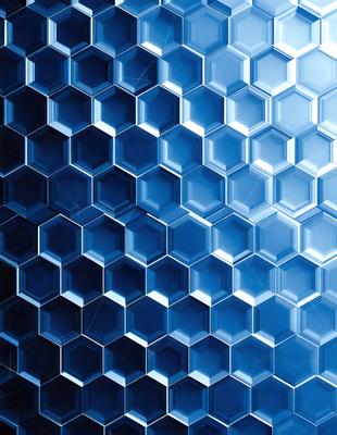 The primary subject of the image is a blue and white honeycomb pattern. The setting is a blue background, which creates a visually striking contrast with the honeycomb pattern. The visual style is a close-up of the honeycomb pattern, showcasing its intricate details. The colors and mood of the image are predominantly blue and white, giving it a clean and modern appearance.