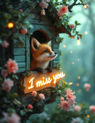 The primary subject of the image is a small fox sitting in a birdhouse. The setting is a forest, with the birdhouse being the main focus of the scene. The visual style is a combination of photo and digital art, creating a unique and whimsical atmosphere. The dominant colors are pink and green, with the pink flowers adding a touch of warmth and softness to the scene.