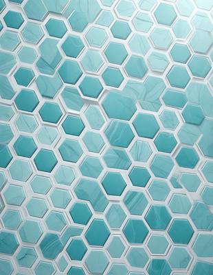 The primary subject of the image is a blue and white hexagonal tile pattern. The setting is a bathroom, with the tiles covering the walls and floor. The visual style is a close-up of the tiles, showcasing their intricate design. The dominant colors are blue and white, creating a clean and modern atmosphere.