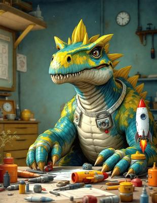 The primary subject of the image is a large, colorful, and cartoonish dinosaur, possibly a T-Rex, sitting at a table. The setting is a room with a desk, and the visual style appears to be a digital art or illustration. The dinosaur is wearing a space suit, and there are various objects around it, such as a rocket, a clock, and a cup. The colors and mood of the image are vibrant and playful, creating a fun and imag