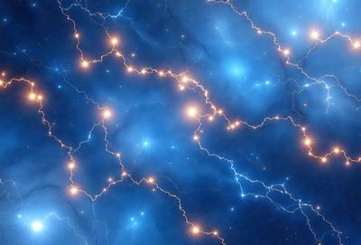 The primary subject of the image is a blue sky filled with bright, colorful streaks of light. The setting is a night sky, and the visual style appears to be a combination of a photo and digital art. The colors and mood of the image are vibrant and lively, with the bright lights creating a sense of energy and movement.