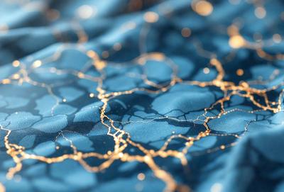 The primary subject of the image is a blue cloth with gold streaks, creating a visually appealing and unique pattern. The setting is a close-up of the cloth, showcasing the intricate design. The visual style is a combination of a photo and digital art, as the gold streaks are digitally created and integrated into the blue fabric. The colors and mood of the image are predominantly blue and gold, giving it a warm and elegant appearance.