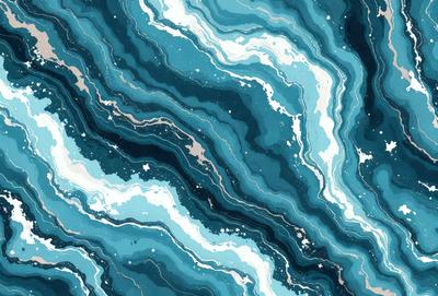 The primary subject of the image is a blue and white ocean wave. The setting is the ocean, with the wave being the main focus of the image. The visual style is a digital art or illustration, as the wave is depicted in a detailed and artistic manner. The dominant colors are blue and white, creating a serene and calming atmosphere.