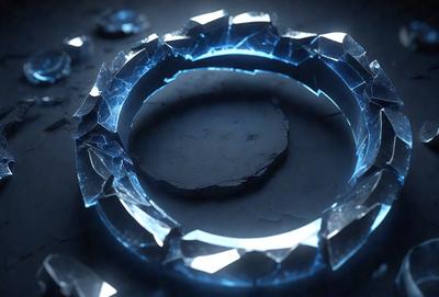 The primary subject of the image is a blue circle with a cracked appearance. The circle is set against a dark background, giving it a dramatic and mysterious look. The visual style of the image is a combination of digital art and illustration, creating a unique and intriguing design. The colors and mood of the image are predominantly dark and moody, with the blue circle serving as a striking focal point against the black background.