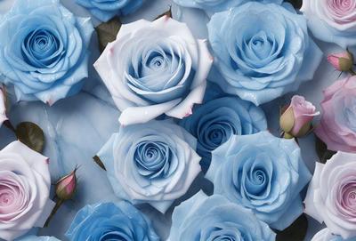The primary subject of the image is a bouquet of blue roses. The setting is a table with a marble surface, and the visual style is a digital art or illustration. The dominant colors in the image are blue and pink, creating a serene and calming atmosphere.