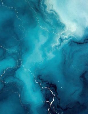 The primary subject of the image is a blue ocean with lightning bolts streaking through it. The setting is the ocean, and the visual style is a painting or drawing. The dominant colors are blue and white, with the lightning bolts adding a sense of energy and movement to the scene.