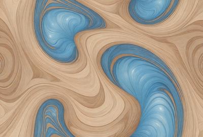 The primary subject of the image is a blue and brown swirling pattern, which appears to be a painting or a digital artwork. The setting is a wooden surface, possibly a table or a wall, where the artwork is displayed. The visual style suggests that the image is a creative and artistic representation of a swirling pattern. The dominant colors in the image are blue and brown, creating a sense of depth and movement in the artwork.