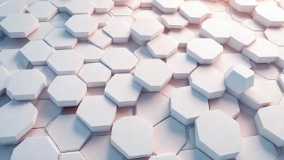 The primary subject of the image is a large white hexagonal tile. The setting is a white background, and the visual style is digital art. The dominant colors are white and gray, creating a clean and minimalist atmosphere.