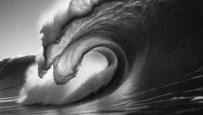 The image features a large wave crashing into the ocean, creating a dramatic scene. The wave is the primary subject, and it is captured in a black and white photo, giving it a timeless and classic feel. The setting is the ocean, with the wave being the main focus. The visual style is a black and white photo, which adds to the dramatic atmosphere of the scene. The colors and mood of the image are dominated by the contrasting black and white tones, creating a sense of intensity and power.