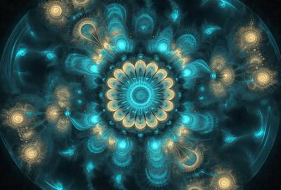 The primary subject of the image is a blue and yellow flower, which is the centerpiece of the scene. The flower is surrounded by a blue background, giving it a vibrant and lively appearance. The visual style of the image is a combination of digital art and illustration, creating a unique and eye-catching design. The dominant colors in the image are blue and yellow, which evoke a sense of freshness and warmth. Overall, the image exudes a sense of beauty and creativity.