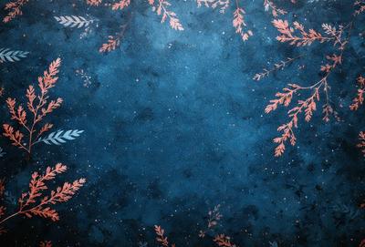 The primary subject of the image is a blue background with a pattern of leaves. The setting is a space-themed background, which adds a sense of depth and intrigue to the scene. The visual style is a combination of digital art and illustration, creating a unique and captivating design. The dominant colors are blue and orange, which evoke a sense of calmness and warmth.