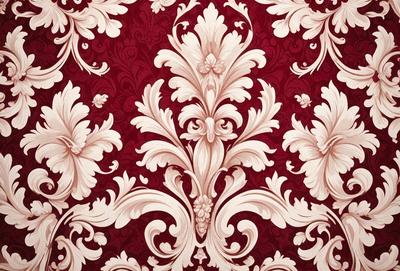 The primary subject of the image is a red and white floral patterned wallpaper. The setting is a room with a red and white floral wallpaper as the main focus. The visual style is a close-up of the wallpaper, showcasing its intricate design. The colors and mood of the image are predominantly red and white, creating a warm and inviting atmosphere.
