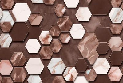 The primary subject of the image is a patterned wall made of marble tiles. The setting is a room with a brown and white marble wall, which serves as the background. The visual style is a combination of a photo and digital art, creating a unique and intricate design. The dominant colors are brown and white, giving the wall a warm and elegant appearance.