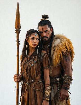 The primary subject of the image is a man and a woman standing together, with the man holding a wooden staff. They are dressed in costumes, suggesting that they might be participating in a themed event or performance. The setting appears to be a stage or a similar environment, as the man and woman are posing for the camera. The visual style of the image is a combination of photo and digital art, creating a unique and engaging scene. The colors and mood of the image are warm and inviting, with the man and