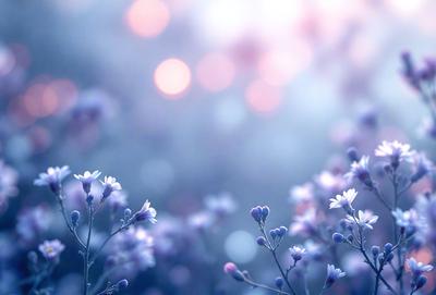 Primary subject: Flowers
Setting/background: A field of flowers with a blue sky in the background
Visual style: Digital art
Colors and mood: The flowers are blue and white, creating a serene and calming atmosphere.