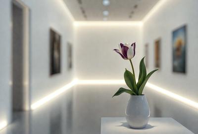The primary subject of the image is a white vase with a single purple flower in it. The vase is placed on a white table, which is situated in a room with white walls. The setting appears to be a gallery or a room with art displayed on the walls. The visual style of the image is a realistic representation of the flower and vase, with no indication of digital art or illustration. The dominant colors in the image are white and purple, creating a clean and elegant atmosphere.
