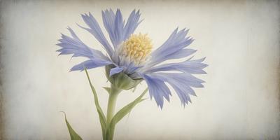 The primary subject of the image is a blue flower with a yellow center, which is the main focus of the image. The setting is a white background, which provides a clean and minimalistic environment for the flower. The visual style of the image is a digital art, as it is a close-up of the flower with a detailed and vibrant appearance. The dominant colors in the image are blue and yellow, creating a sense of freshness and natural beauty.