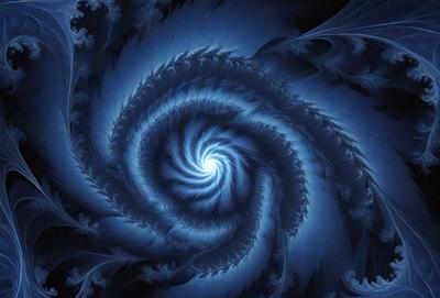 The primary subject of the image is a spiral pattern, which is the main object, scene, or focus of the image. The spiral pattern is set against a blue background, creating a visually striking contrast. The spiral pattern is depicted in a digital art style, giving it a modern and intricate appearance. The overall atmosphere of the image is one of beauty and complexity, with the blue color and spiral pattern evoking a sense of depth and intricacy.