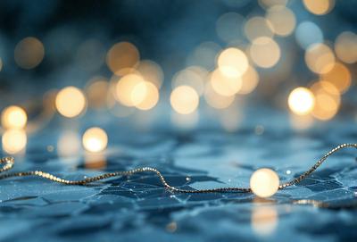 The primary subject of the image is a string of lights floating in a body of water. The setting is a dark, blue water surface, which creates a moody atmosphere. The visual style is a combination of a photo and digital art, as the lights are depicted in a realistic manner while the overall composition is artistic. The colors and mood are predominantly dark and mysterious, with the blue water and the lights creating a sense of depth and intrigue.