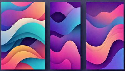 The primary subject of the image is a series of three colorful abstract paintings. The setting is a dark background, which contrasts with the vibrant colors of the paintings. The visual style is a mix of digital art and illustration, creating a unique and eye-catching display. The dominant colors are pink, purple, and blue, giving the paintings a lively and energetic atmosphere.