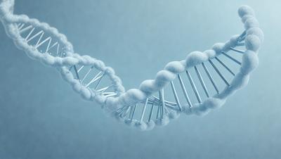The primary subject of the image is a DNA strand, which is the main object, scene, or focus of the image. The setting or background is a blue surface, which provides a contrasting color to the DNA strand. The visual style of the image is a digital art or illustration, as it is a detailed and intricate representation of the DNA structure. The colors and mood of the image are predominantly blue, which gives it a calm and scientific atmosphere.